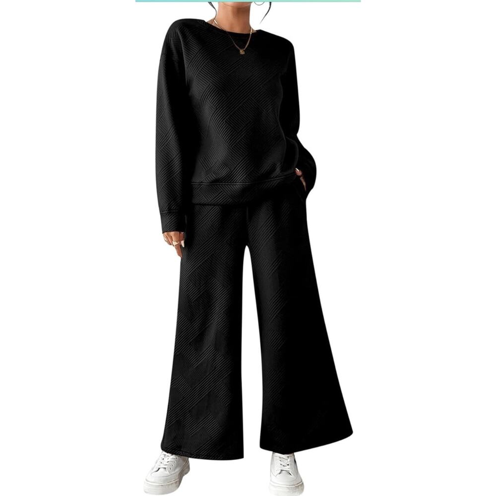 YIJIU Women's Casual 2 Piece Outfits Lounge Sets Long Sleeve Pullover Black BB1